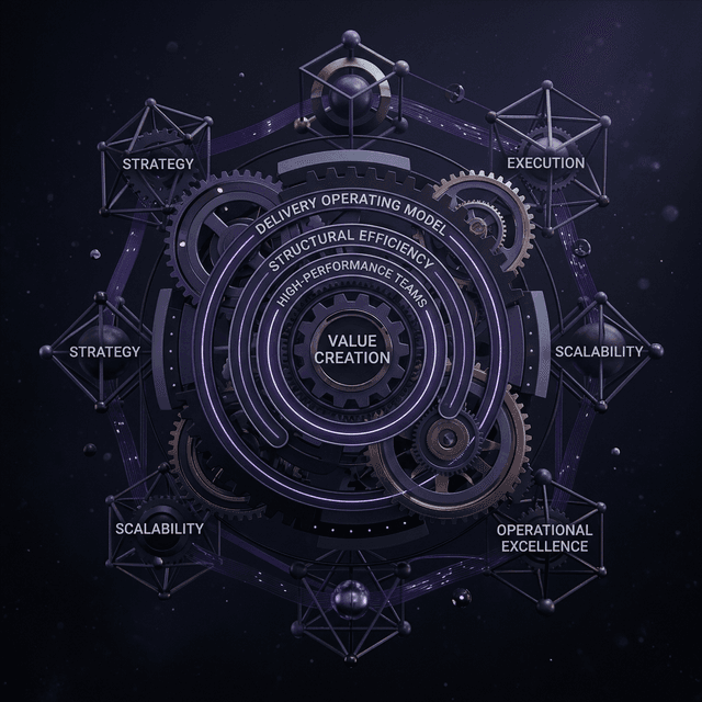 Interlocking gears and rings representing Delivery Operating Models